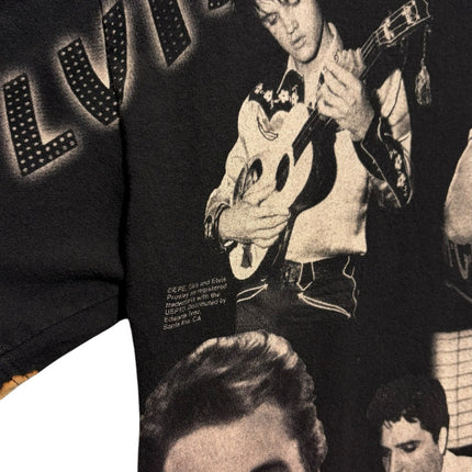 OutOf10 black short-sleeve t-shirt featuring a vintage Elvis Presley photo collage and classic rock graphic print