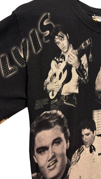 OutOf10 black short-sleeve t-shirt featuring a vintage Elvis Presley photo collage and classic rock graphic print
