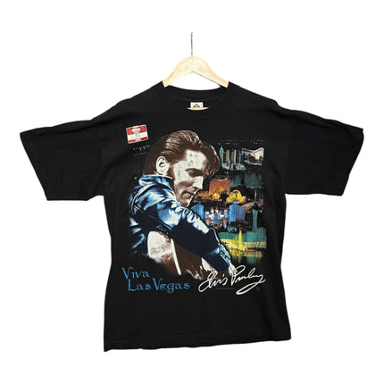 OutOf10 black cotton t-shirt featuring a vintage Elvis Presley Viva Las Vegas graphic print on the front.