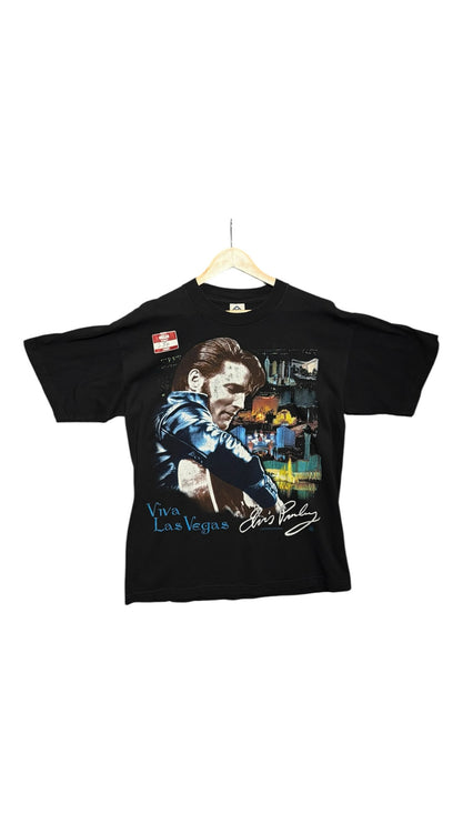 OutOf10 black cotton t-shirt featuring a vintage Elvis Presley Viva Las Vegas graphic print on the front.