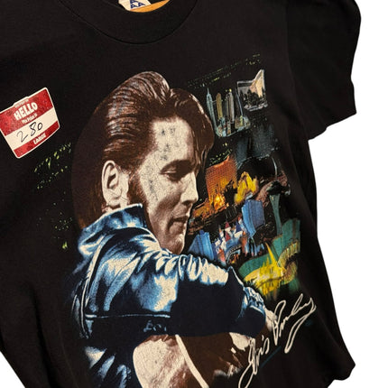 OutOf10 black cotton crew-neck t-shirt featuring a vintage Elvis Presley Viva Las Vegas graphic print.