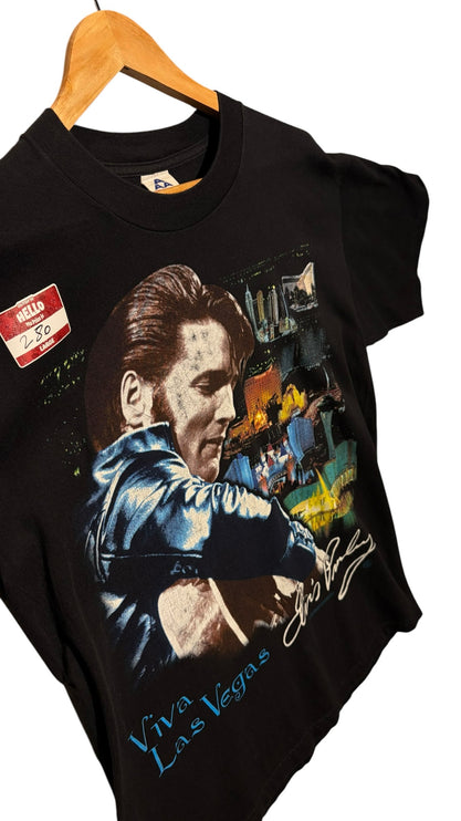 OutOf10 black cotton crew-neck t-shirt featuring a vintage Elvis Presley Viva Las Vegas graphic print.