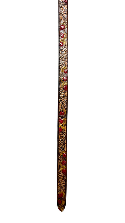 OutOf10 slim leather belt featuring intricate floral embossing with hand-painted red and yellow accents.