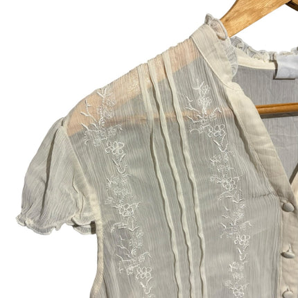 OutOf10 off-white semi-sheer blouse with floral embroidery, pintuck pleats, V-neck, and ruffled cap sleeves on hanger