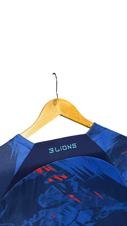 OutOf10 England national team performance jersey featuring a blue abstract graphic pattern and 3 Lions back neck detail