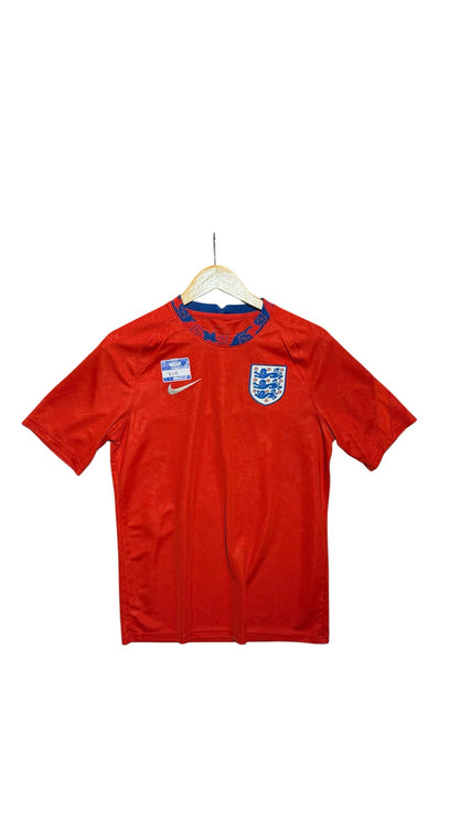 OutOf10 red England national football team jersey with blue collar detailing, England crest, and Nike swoosh logo.