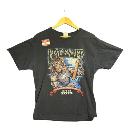 OutOf10 black cotton crewneck t-shirt featuring a vintage 2019 Epicenter music festival zombie guitarist graphic print
