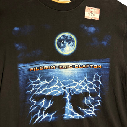 OutOf10 black cotton crew-neck t-shirt featuring an Eric Clapton Pilgrim graphic with a moon and electric blue design.