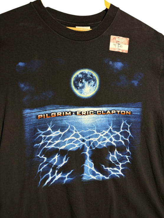 OutOf10 black cotton crew-neck t-shirt featuring an Eric Clapton Pilgrim graphic with a moon and electric blue design.