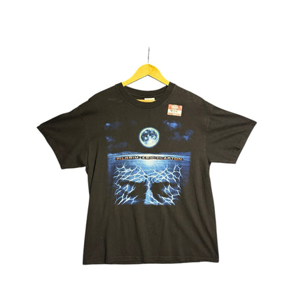 OutOf10 black cotton crew-neck t-shirt featuring an Eric Clapton Pilgrim tour graphic with a glowing moon design.