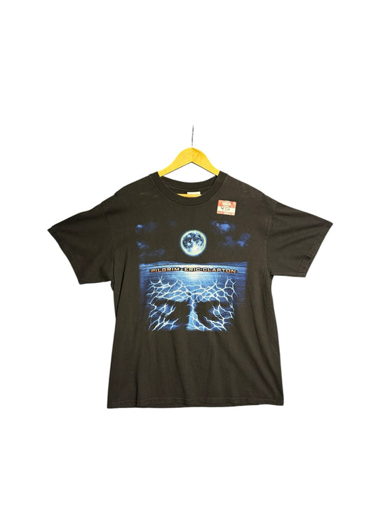 OutOf10 black cotton crew-neck t-shirt featuring an Eric Clapton Pilgrim tour graphic with a glowing moon design.