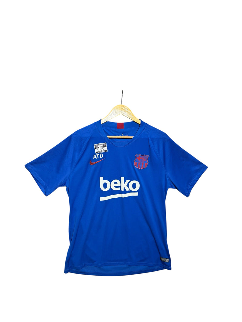 OutOf10 blue FC Barcelona professional soccer jersey with club crest, Nike swoosh, and beko sponsor logo on hanger