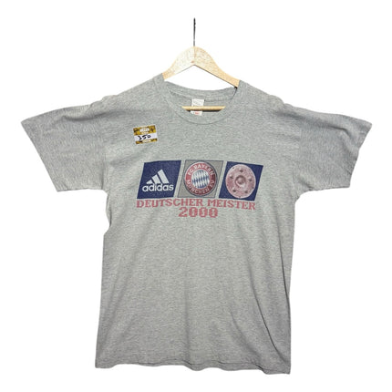 OutOf10 vintage grey cotton FC Bayern Munich Deutscher Meister 2000 graphic t-shirt with Adidas logo on a hanger