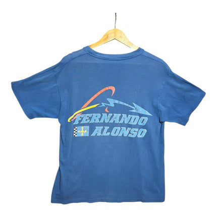 OutOf10 blue vintage Fernando Alonso Formula 1 graphic t-shirt with racing-inspired back print on a wooden hanger