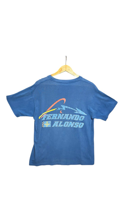 OutOf10 blue vintage Fernando Alonso Formula 1 graphic t-shirt with racing-inspired back print on a wooden hanger