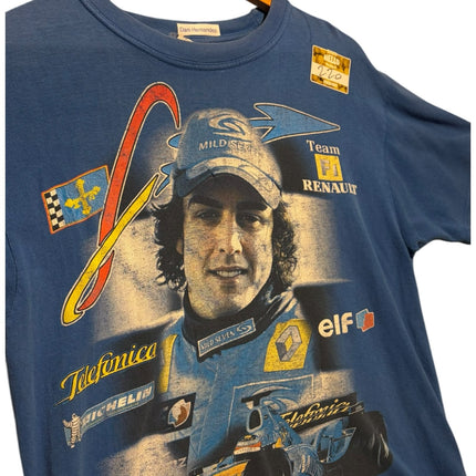 OutOf10 blue vintage Fernando Alonso Renault F1 graphic t-shirt with race car and sponsor logos on a wooden hanger