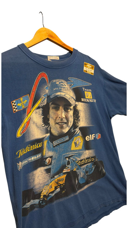 OutOf10 blue vintage Fernando Alonso Renault F1 graphic t-shirt with race car and sponsor logos on a wooden hanger