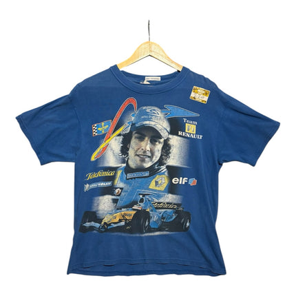 OutOf10 blue vintage Fernando Alonso Renault F1 graphic t-shirt with race car and sponsor logos on a wooden hanger