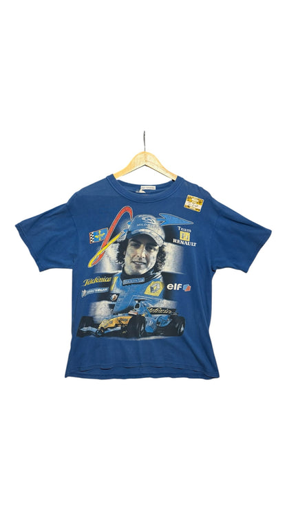 OutOf10 blue vintage Fernando Alonso Renault F1 graphic t-shirt with race car and sponsor logos on a wooden hanger