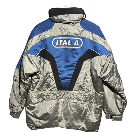 OutOf10 vintage Fila Ski Team Italia winter jacket in silver, royal blue, and black with back logo embroidery.