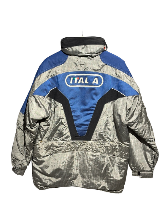 OutOf10 vintage Fila Ski Team Italia winter jacket in silver, royal blue, and black with back logo embroidery.