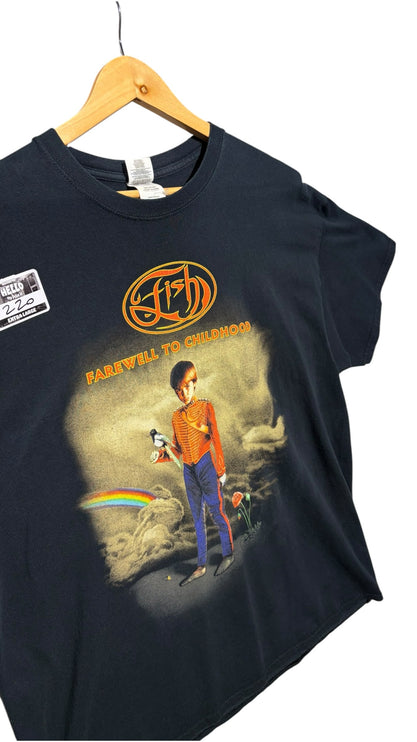 OutOf10 black cotton t-shirt featuring Fish Farewell To Childhood tour graphic print with nostalgic artwork