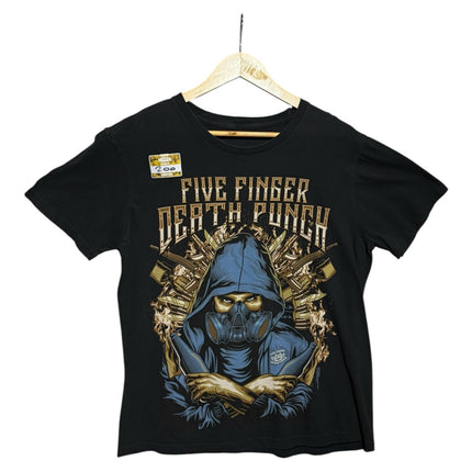 OutOf10 black cotton t-shirt featuring a Five Finger Death Punch graphic of a hooded figure in a gas mask.