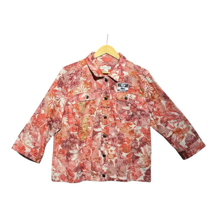 OutOf10 floral print button-down jacket in red, orange, and pink with a structured collar and chest pockets.