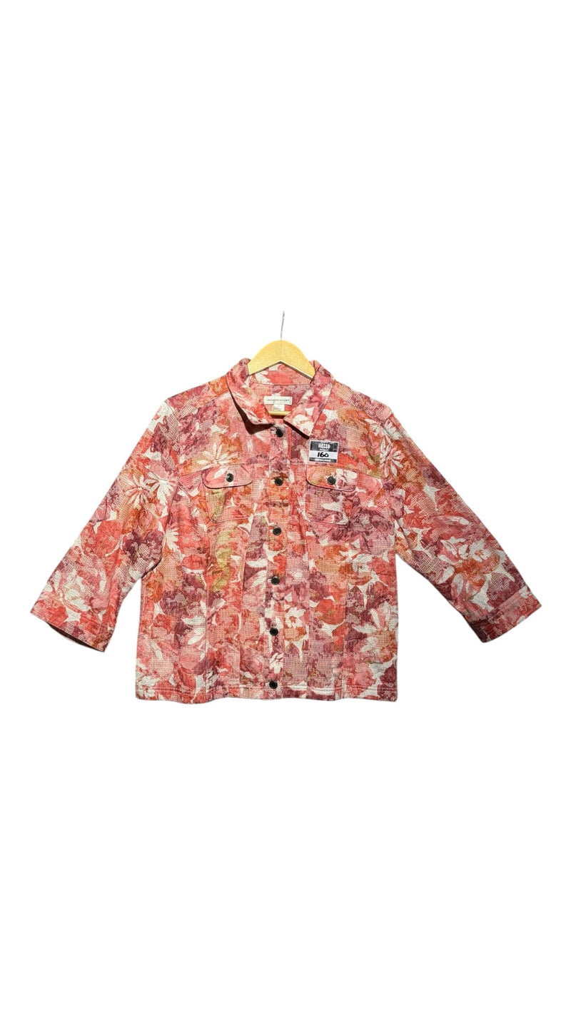 OutOf10 floral print button-down jacket in red, orange, and pink with a structured collar and chest pockets.