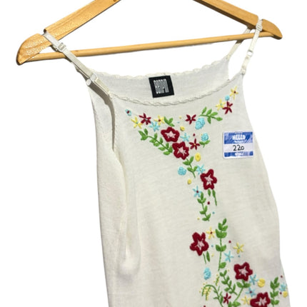 OutOf10 off-white knit camisole featuring delicate multi-coloured floral embroidery and adjustable spaghetti straps.