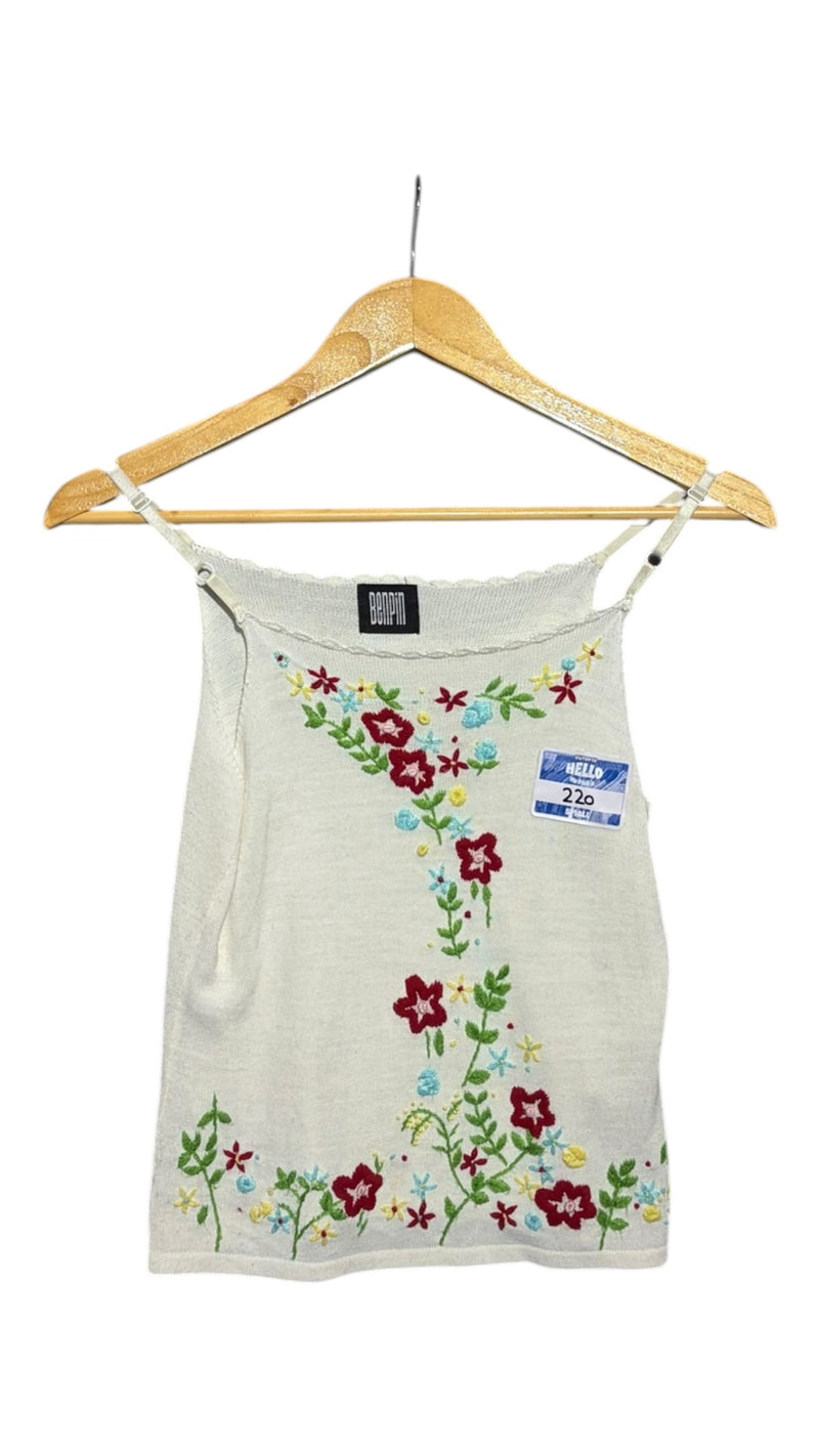 OutOf10 BENPIN off-white knit camisole with multi-coloured floral embroidery, scalloped neckline and spaghetti straps