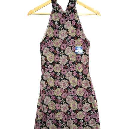 OutOf10 floral print halter neck mini dress in pink, cream, and black on a wooden hanger.