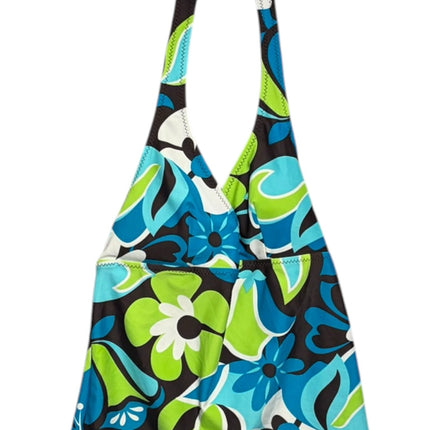 OutOf10 floral print halter neck tankini top in electric blue, lime green, and white on a black background.