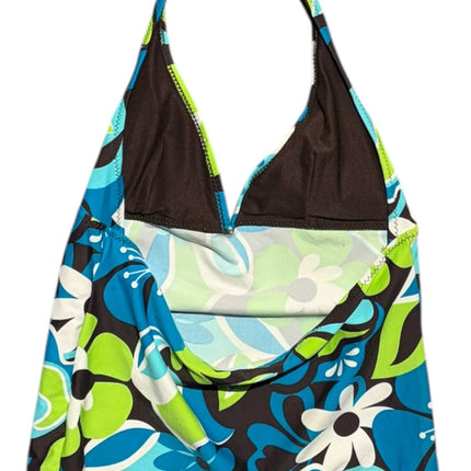 OutOf10 floral print halter neck tankini top in electric blue, lime green, and black with built-in shelf bra