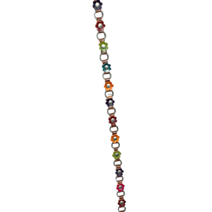 OutOf10 multi-coloured floral link chain necklace featuring vibrant flower charms in a whimsical design.
