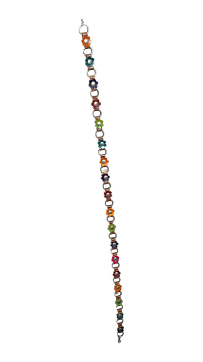 OutOf10 multi-coloured floral link chain necklace featuring vibrant flower charms in a whimsical design.