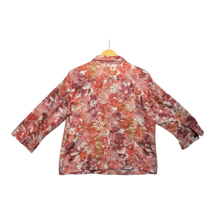 OutOf10 floral print button-down jacket in red, orange, and pink with a structured collar and three-quarter sleeves.