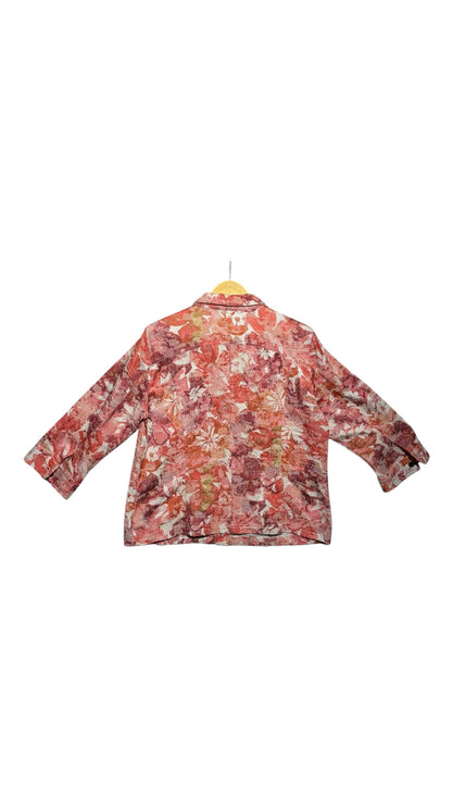 OutOf10 floral print button-down jacket in red, orange, and pink with a structured collar and three-quarter sleeves.