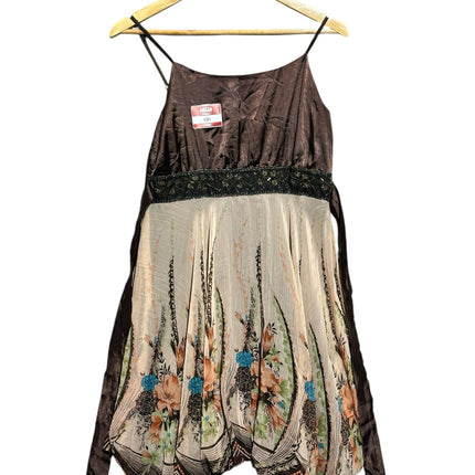 OutOf10 sleeveless dress with brown satin bodice, beaded waist, and floral print bubble hem skirt on a hanger.