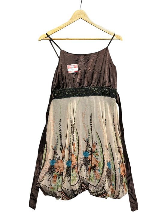 OutOf10 sleeveless dress with brown satin bodice, beaded waist, and floral print bubble hem skirt on a hanger.