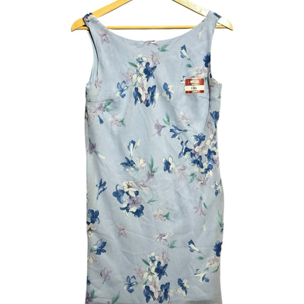 OutOf10 I.N. SAN FRANCISCO sleeveless light blue midi dress with a delicate purple and white floral botanical print.