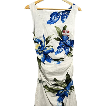 OutOf10 sleeveless white summer dress with vibrant blue and green floral botanical print and side-ruched detailing.