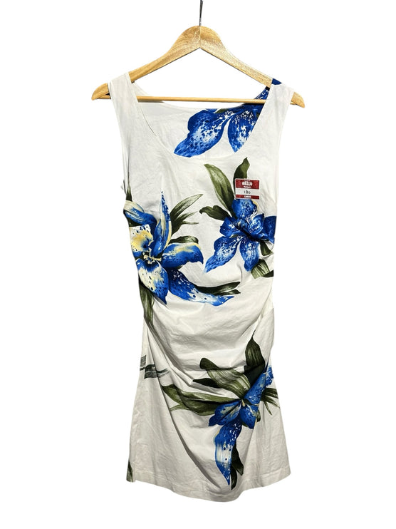 OutOf10 sleeveless white summer dress with vibrant blue and green floral botanical print and side-ruched detailing.