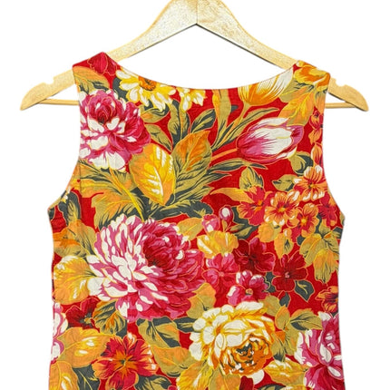 OutOf10 sleeveless tank top featuring a vibrant red, yellow, and pink floral botanical print on soft fabric