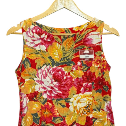 OutOf10 sleeveless tank top featuring a vibrant red, yellow, and pink floral botanical print with a scoop neckline.