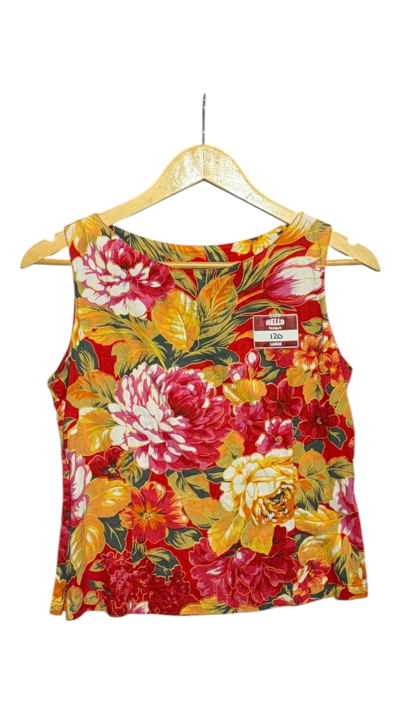OutOf10 sleeveless tank top featuring a vibrant red, yellow, and pink floral botanical print with a scoop neckline.