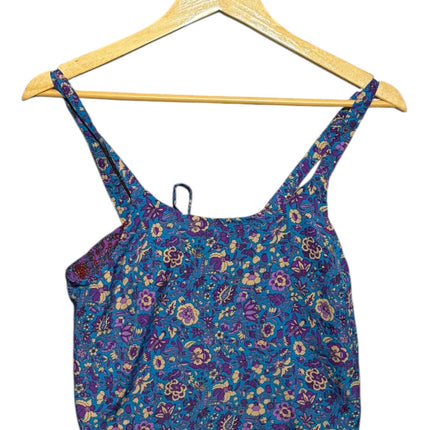 OutOf10 floral print camisole top with spaghetti straps in blue and purple on a wooden hanger