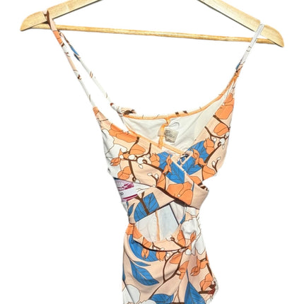 OutOf10 floral print sleeveless wrap bodysuit with peach and blue botanical patterns and adjustable spaghetti straps