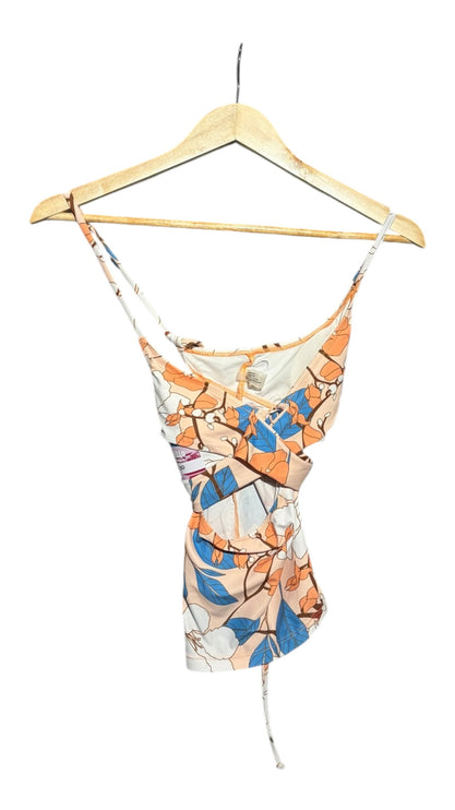 OutOf10 floral print sleeveless wrap bodysuit with peach and blue botanical patterns and adjustable spaghetti straps