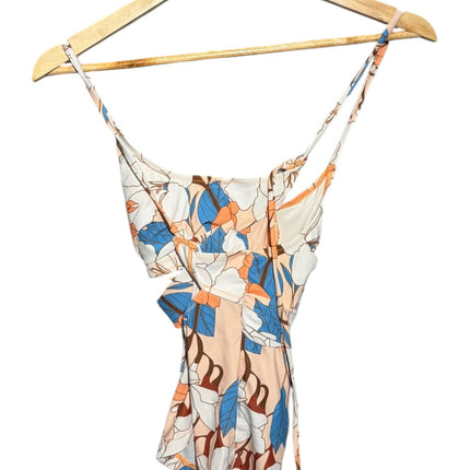 OutOf10 floral print sleeveless wrap-style bodysuit in peach, blue, and white with spaghetti straps on a hanger.